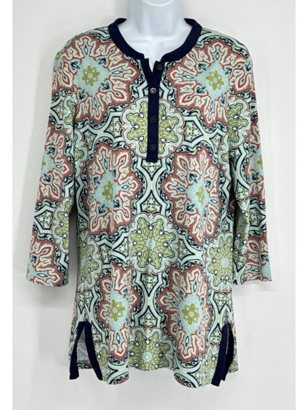 J.McLaughlin Catalina Cloth Tunic Top L Large Medallion Paisley Geo Stretch Knit